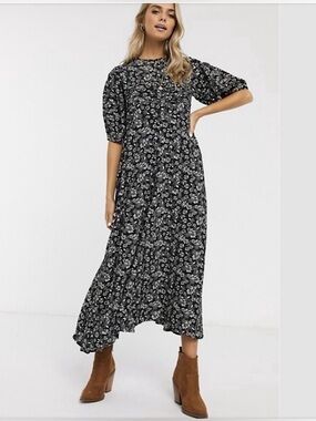 Free People Jessie Black Floral Midi Dress with Puff Sleeves and Pintucks